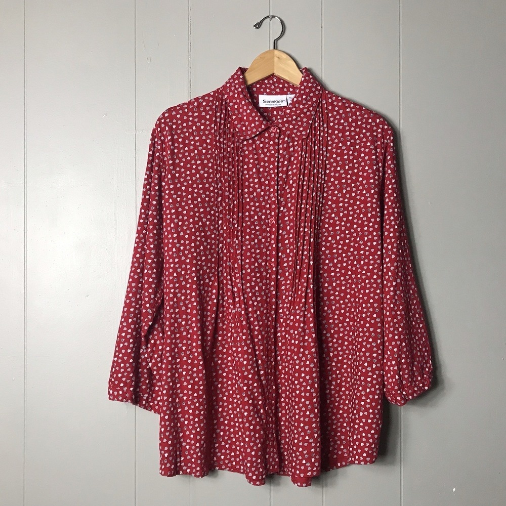 SERENGETI VALETINE RED HEART PRINT PLEATED BUTTON UP TUNIC RAYON WOMENS SIZE XL